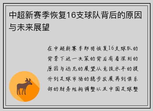 中超新赛季恢复16支球队背后的原因与未来展望