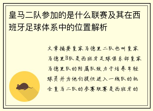 皇马二队参加的是什么联赛及其在西班牙足球体系中的位置解析