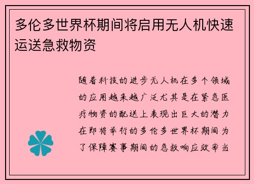 多伦多世界杯期间将启用无人机快速运送急救物资
