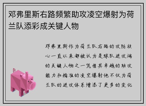 邓弗里斯右路频繁助攻凌空爆射为荷兰队添彩成关键人物
