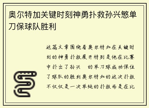 奥尔特加关键时刻神勇扑救孙兴慜单刀保球队胜利