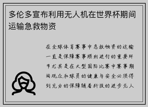 多伦多宣布利用无人机在世界杯期间运输急救物资