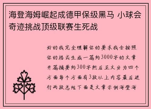 海登海姆崛起成德甲保级黑马 小球会奇迹挑战顶级联赛生死战